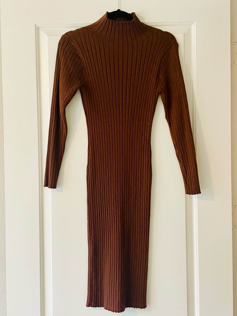 Ribbed Mock-Neck Midi Dress in Brown